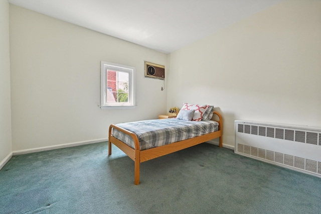 carpeted bedroom featuring radiator and a wall mounted AC