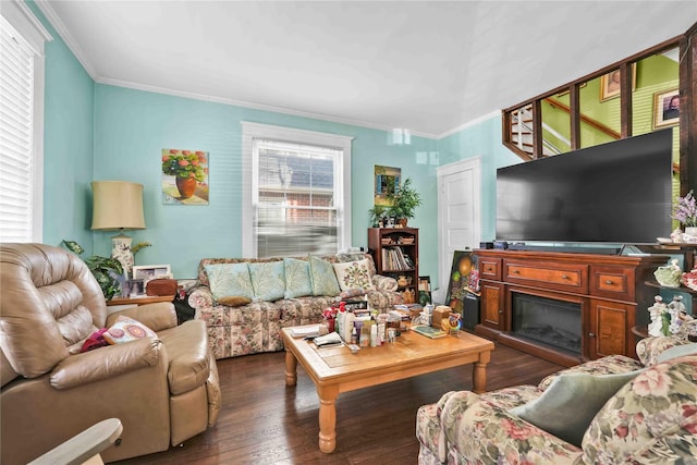 living room with a healthy amount of sunlight, crown molding, and dark wood-type flooring