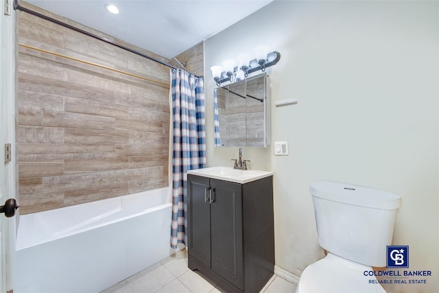 full bathroom with tile patterned flooring, shower / bath combination with curtain, toilet, and vanity