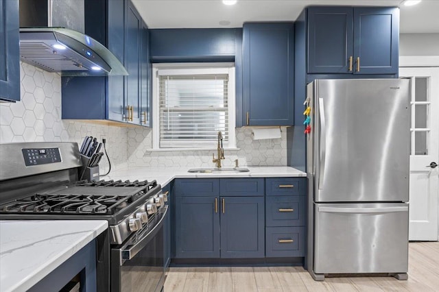 kitchen with wall chimney exhaust hood, appliances with stainless steel finishes, sink, and decorative backsplash