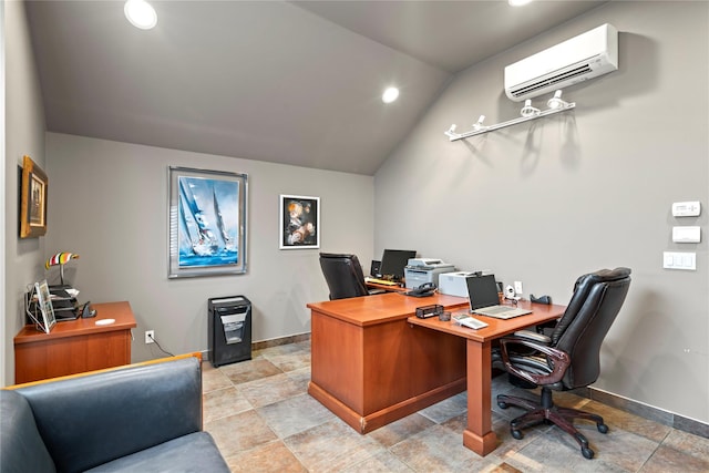 office area featuring lofted ceiling and a wall mounted AC