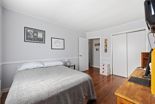 bedroom featuring dark wood-type flooring and a closet