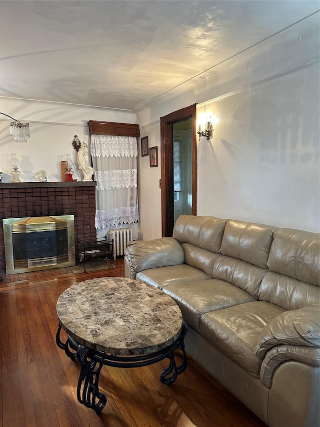 living room featuring a fireplace, wood-type flooring, and radiator