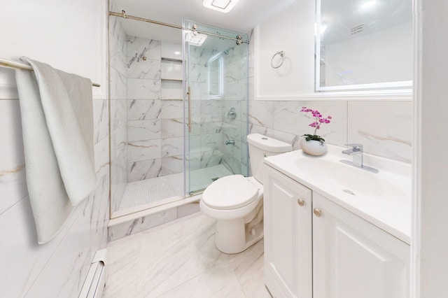 bathroom with a baseboard heating unit, an enclosed shower, toilet, vanity, and tile walls