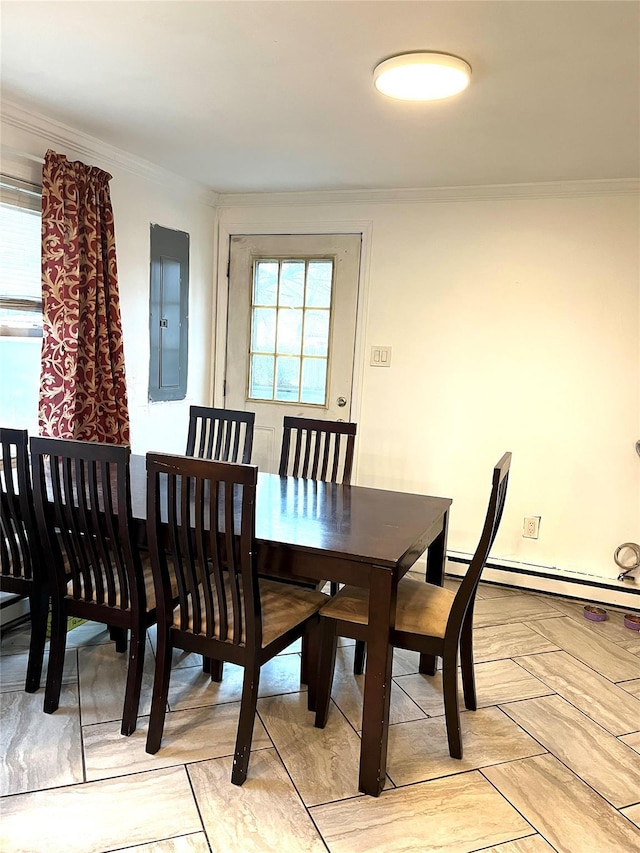 16 Sagewood Dr, Shirley, NY 11967 - dining room with crown molding, electric panel, and baseboard heating