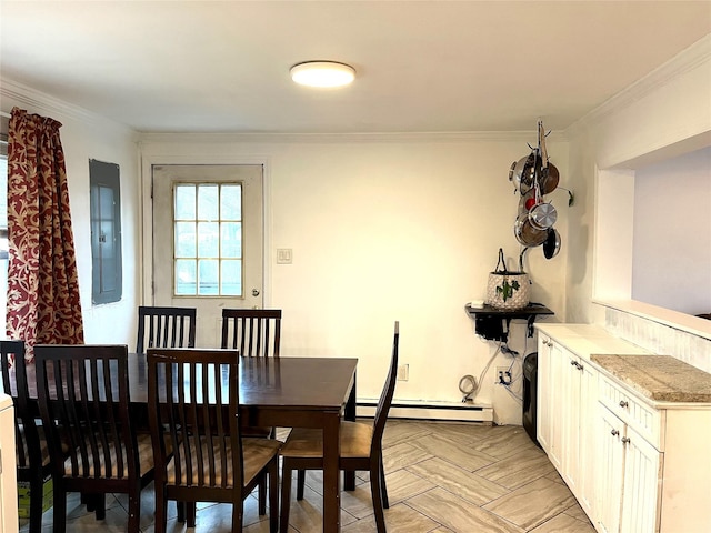 16 Sagewood Dr, Shirley, NY 11967 - dining space with electric panel, a baseboard radiator, and crown molding