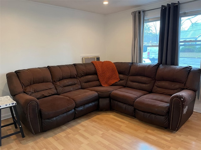 16 Sagewood Dr, Shirley, NY 11967 - living area featuring light wood-style floors, crown molding, an AC wall unit, and recessed lighting