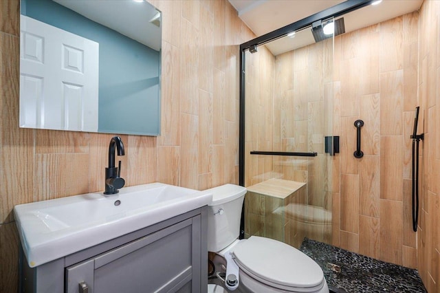 bathroom with an enclosed shower, vanity, and toilet