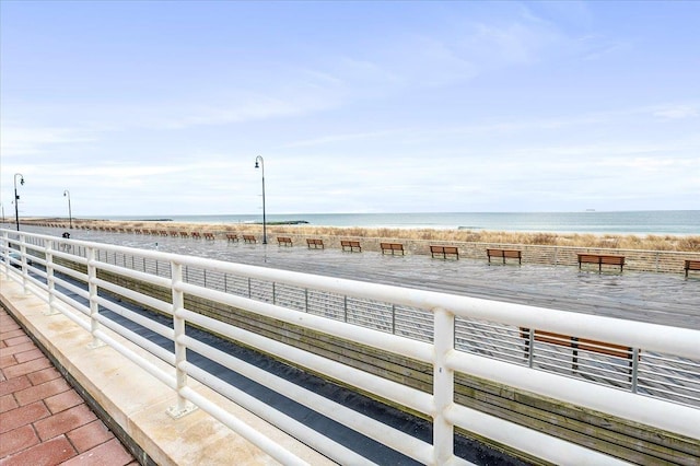 view of water feature with a beach view