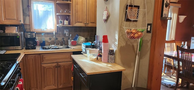 kitchen featuring sink, stove, backsplash, and butcher block counters