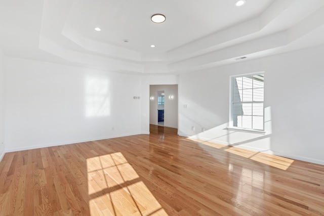 spare room featuring a raised ceiling and light hardwood / wood-style flooring