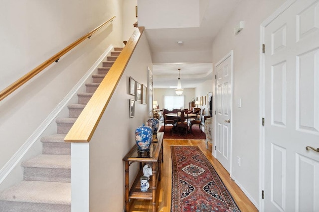 stairs with hardwood / wood-style flooring