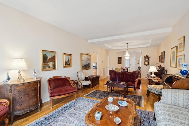 living room with light hardwood / wood-style flooring and a raised ceiling