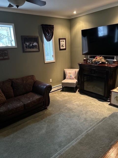 living room with ceiling fan, crown molding, and a baseboard heating unit