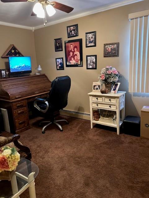 carpeted office with ceiling fan and crown molding