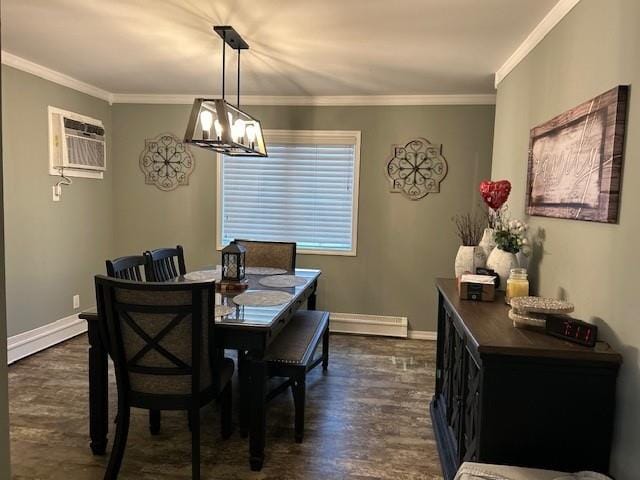 dining room with ornamental molding, a wall mounted AC, an inviting chandelier, and dark wood-type flooring