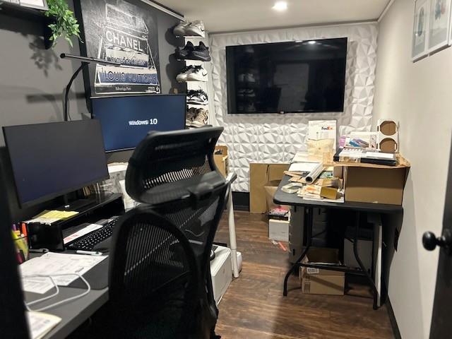 home office with dark wood-type flooring