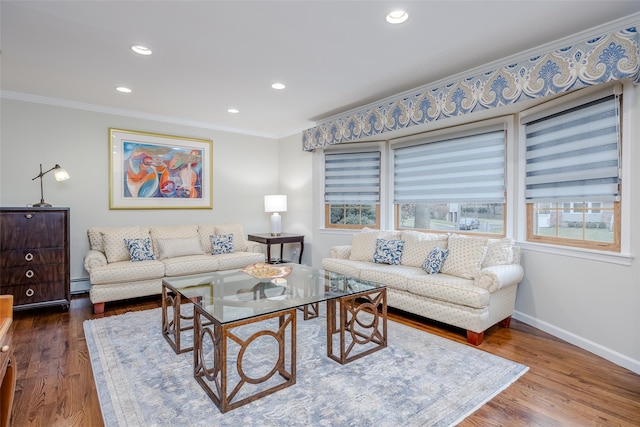 living room with a baseboard heating unit, ornamental molding, and hardwood / wood-style floors