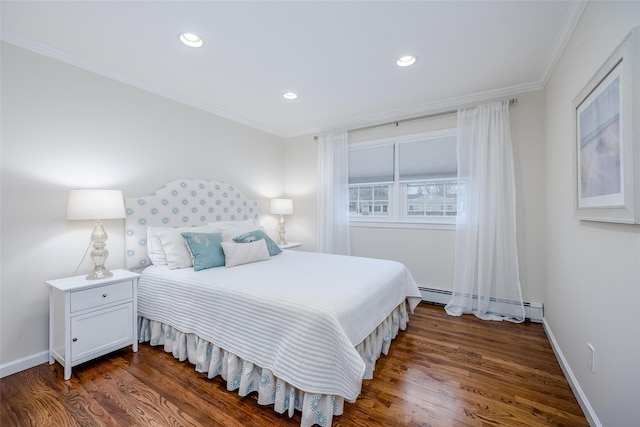 bedroom with dark hardwood / wood-style flooring, crown molding, and a baseboard radiator