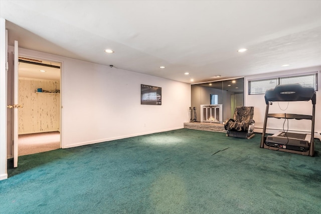 interior space featuring dark colored carpet