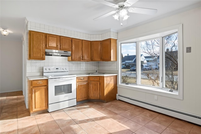 kitchen with white range with electric stovetop, a baseboard radiator, sink, ornamental molding, and light tile patterned floors