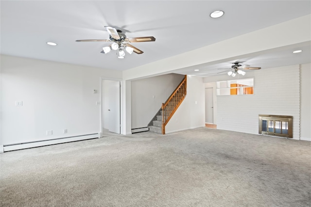 unfurnished living room featuring ceiling fan, light colored carpet, and a baseboard heating unit