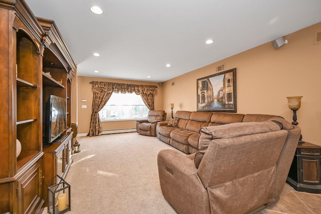 living room with light colored carpet and a baseboard heating unit