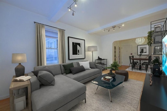 living room featuring wood-type flooring and beam ceiling