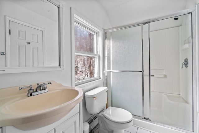 bathroom featuring an enclosed shower, vanity, a wealth of natural light, and toilet