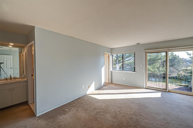 unfurnished room featuring sink, a water view, and light colored carpet