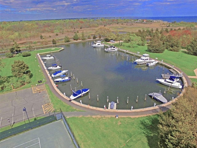 drone / aerial view with a water view