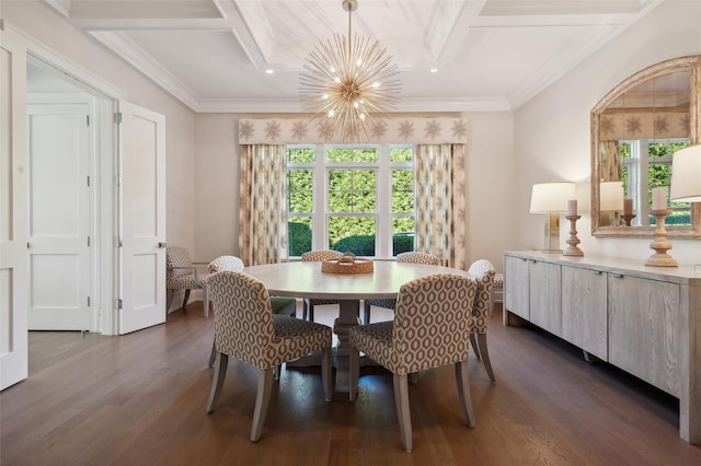 dining area with crown molding, dark hardwood / wood-style flooring, coffered ceiling, and an inviting chandelier