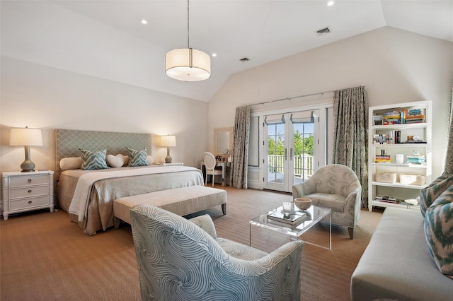 carpeted bedroom with access to exterior, french doors, and lofted ceiling