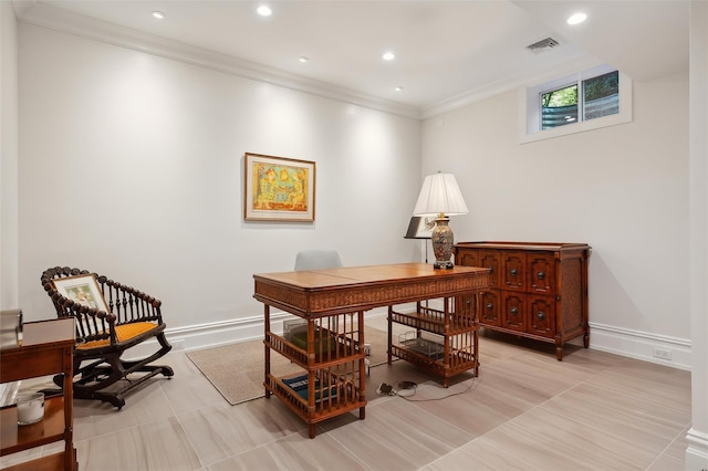 tiled office with crown molding