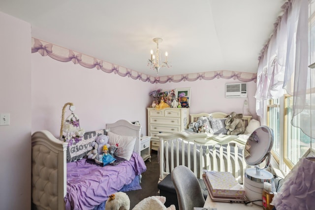 bedroom featuring an inviting chandelier, a wall mounted AC, vaulted ceiling, and carpet