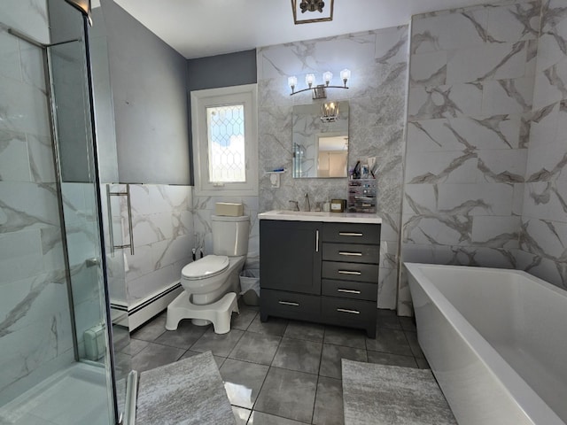 full bathroom with tile walls, vanity, separate shower and tub, baseboard heating, and toilet