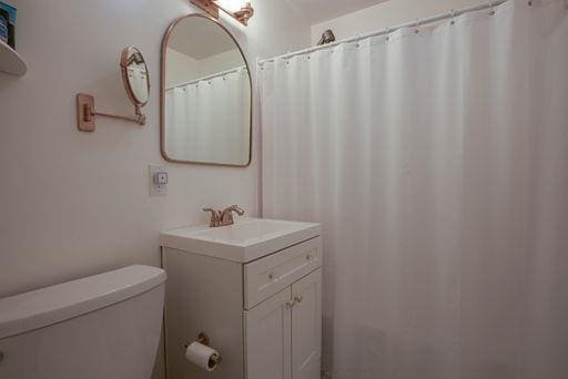 bathroom featuring toilet, vanity, and walk in shower