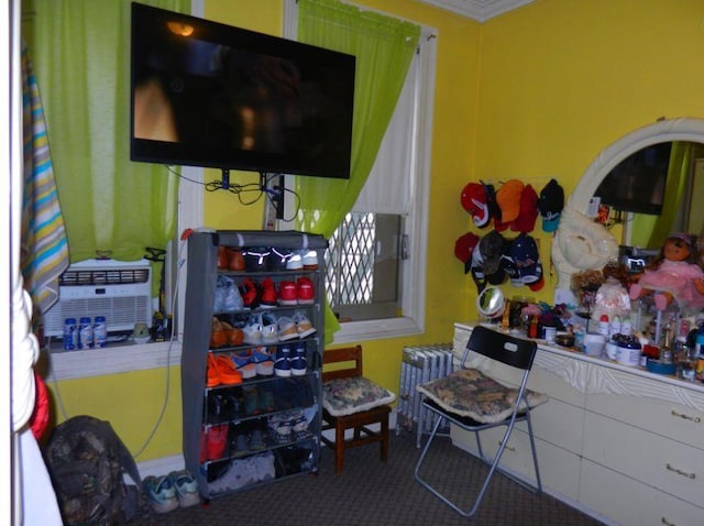 interior space featuring radiator heating unit and ornamental molding