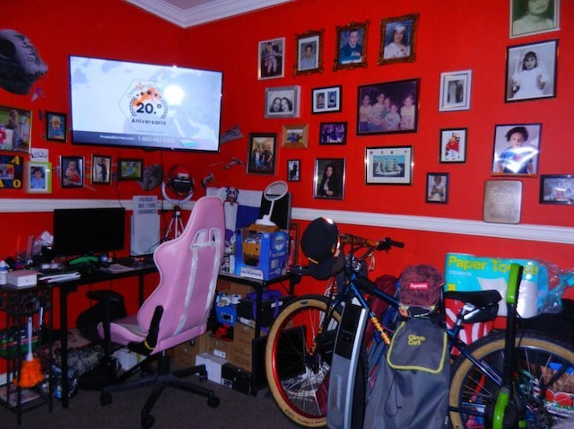 recreation room featuring ornamental molding