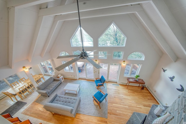 living room featuring beamed ceiling, ceiling fan, wood-type flooring, high vaulted ceiling, and baseboard heating