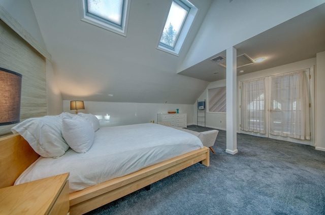 carpeted bedroom featuring lofted ceiling with skylight and access to outside