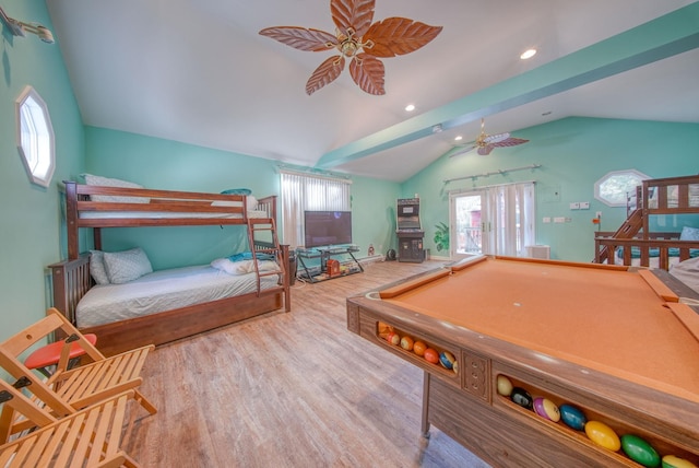 rec room with pool table, ceiling fan, lofted ceiling, and wood-type flooring