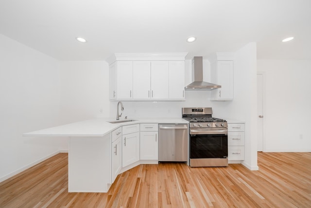 kitchen featuring appliances with stainless steel finishes, kitchen peninsula, white cabinets, wall chimney range hood, and sink