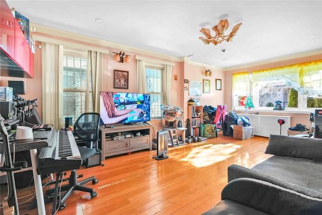 living room featuring hardwood / wood-style floors and ornamental molding