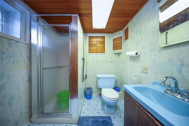 bathroom featuring tile patterned floors, vanity, wood ceiling, and an enclosed shower