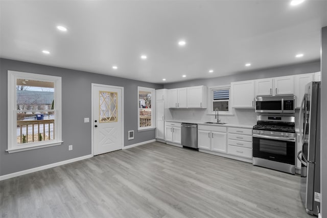 kitchen with stainless steel appliances, sink, white cabinets, light hardwood / wood-style floors, and decorative backsplash