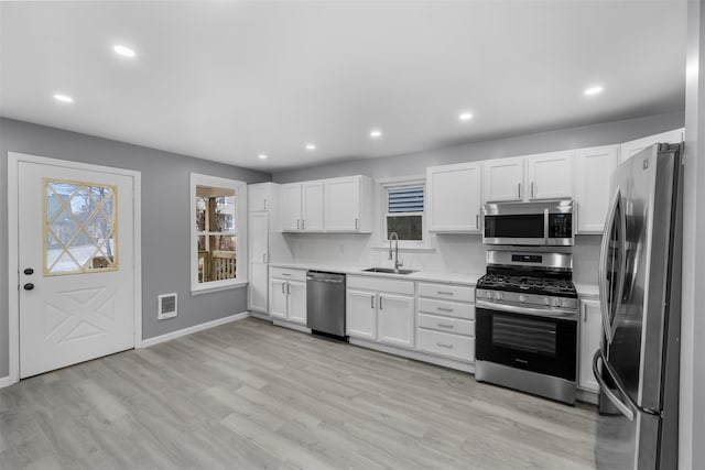 kitchen featuring stainless steel appliances, sink, white cabinetry, light hardwood / wood-style floors, and backsplash