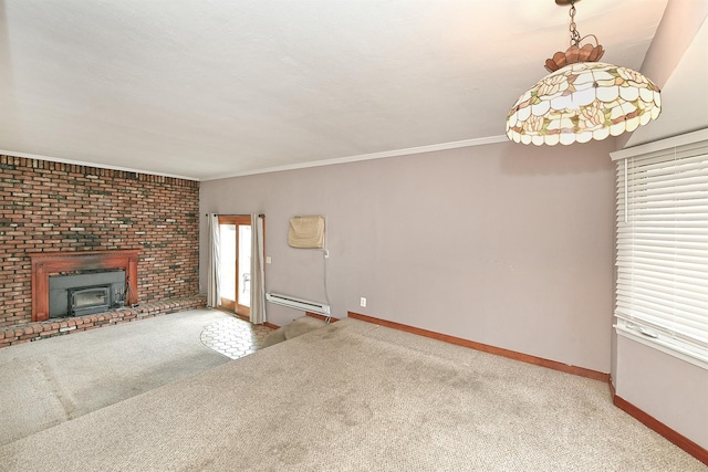 unfurnished living room featuring carpet flooring, a wood stove, crown molding, and a baseboard radiator