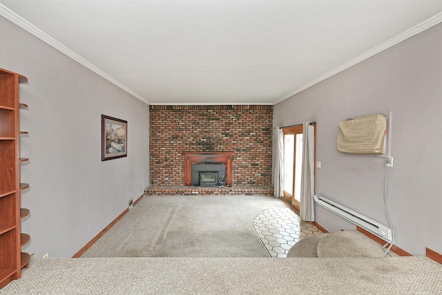 carpeted living room with ornamental molding, baseboard heating, and a wood stove