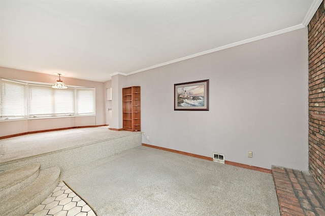 unfurnished living room with carpet flooring and crown molding